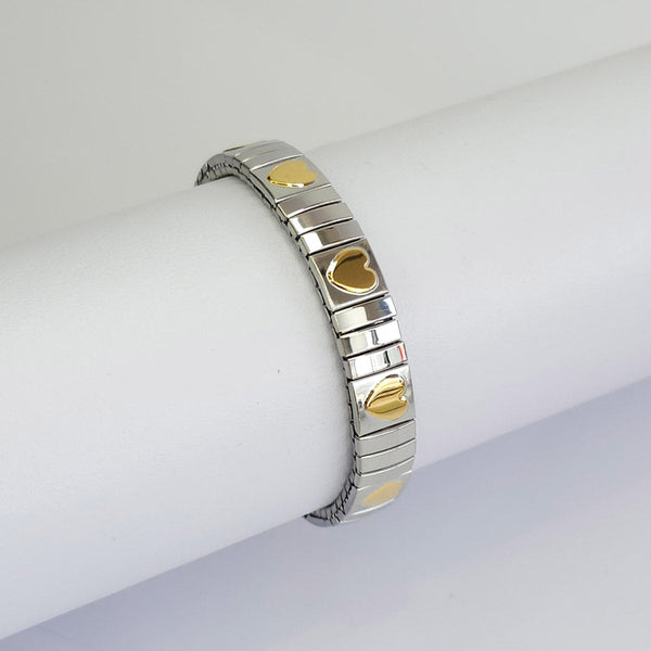 Pulsera Plateada con Corazones Dorados Flexible