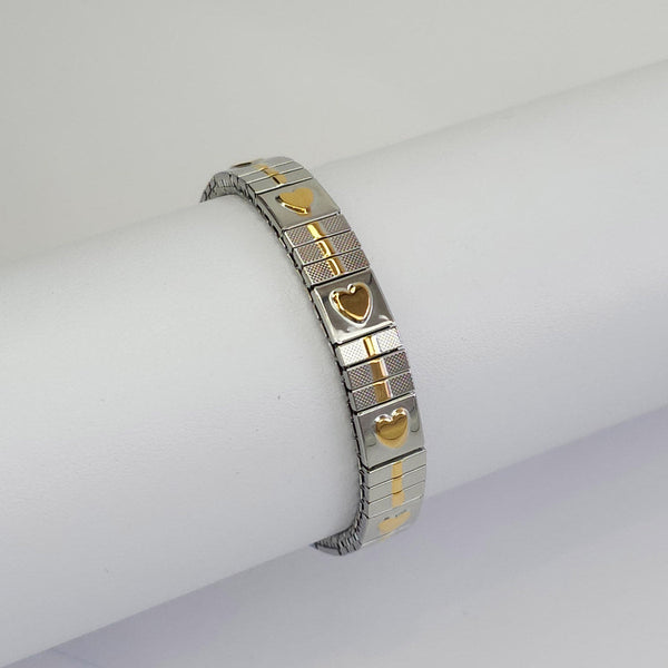 Pulsera Plateada con Corazones Dorados y Rayas Flexible (9mm)