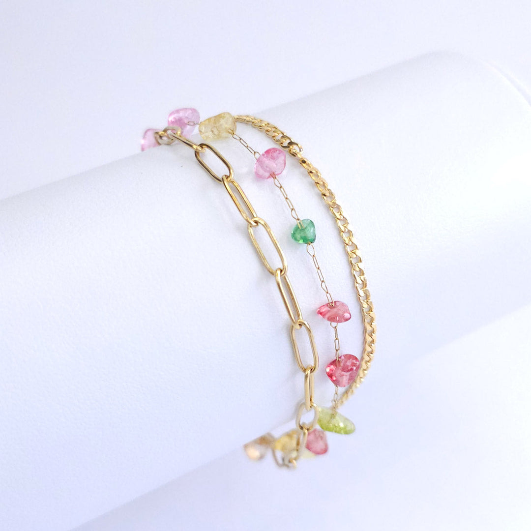 Pulsera Dorada Triple Cadena Cristales y Perlas