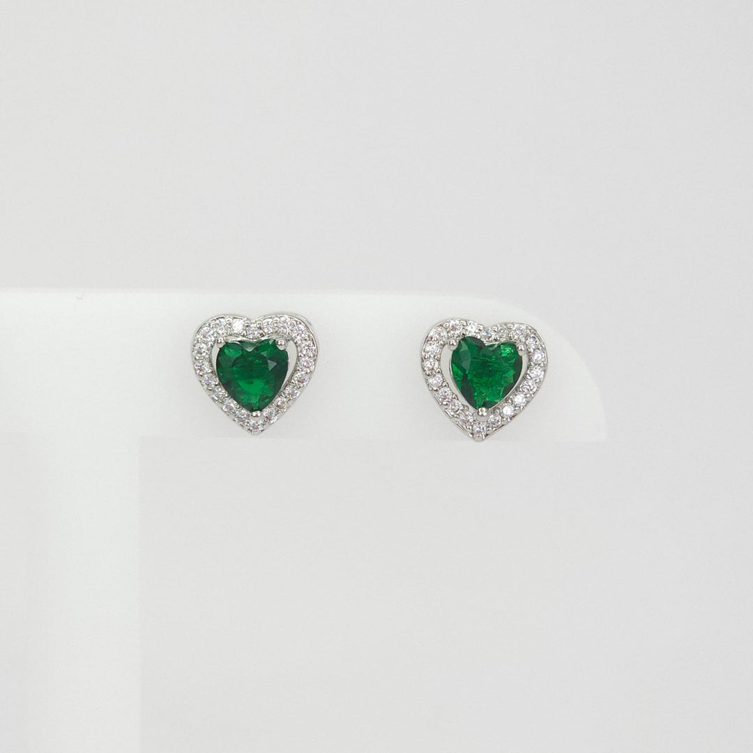 Aretes Plateados Corazón Brillantes Verde
