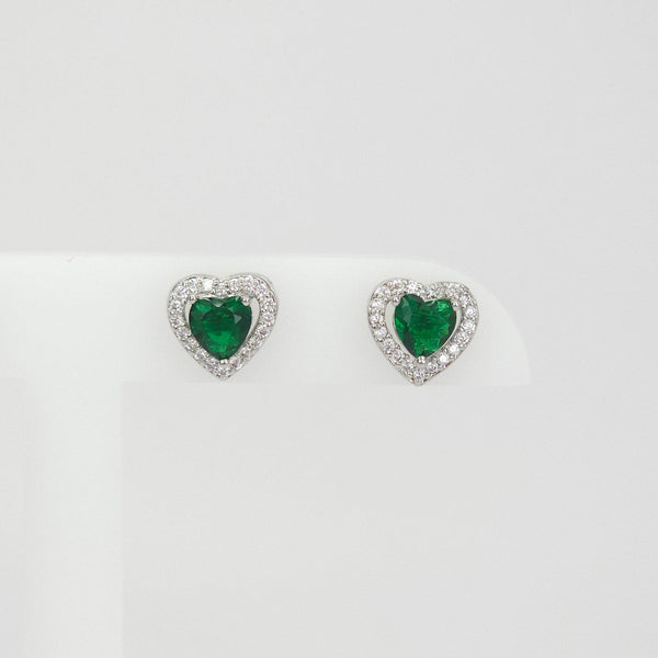 Aretes Plateados Corazón Brillantes Verde
