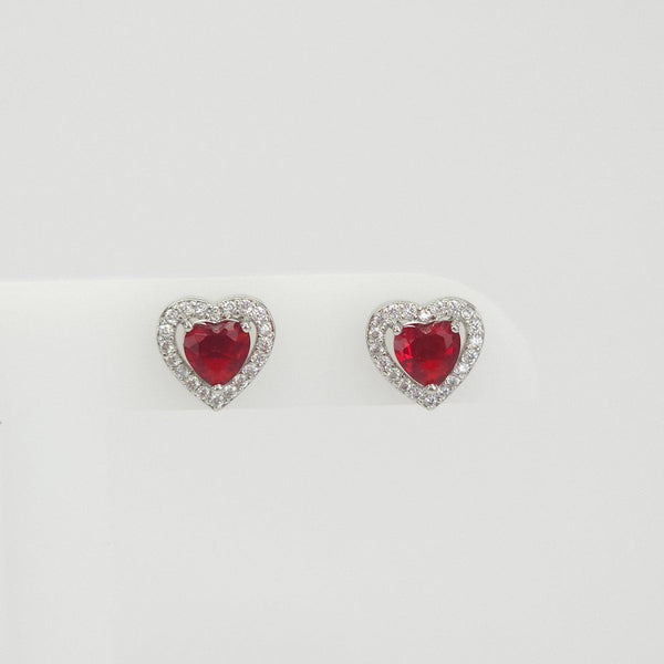Aretes Plateados Corazón Brillantes Rojo