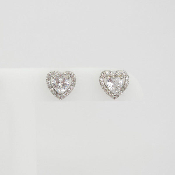 Aretes Plateados Corazón Brillantes Blanco