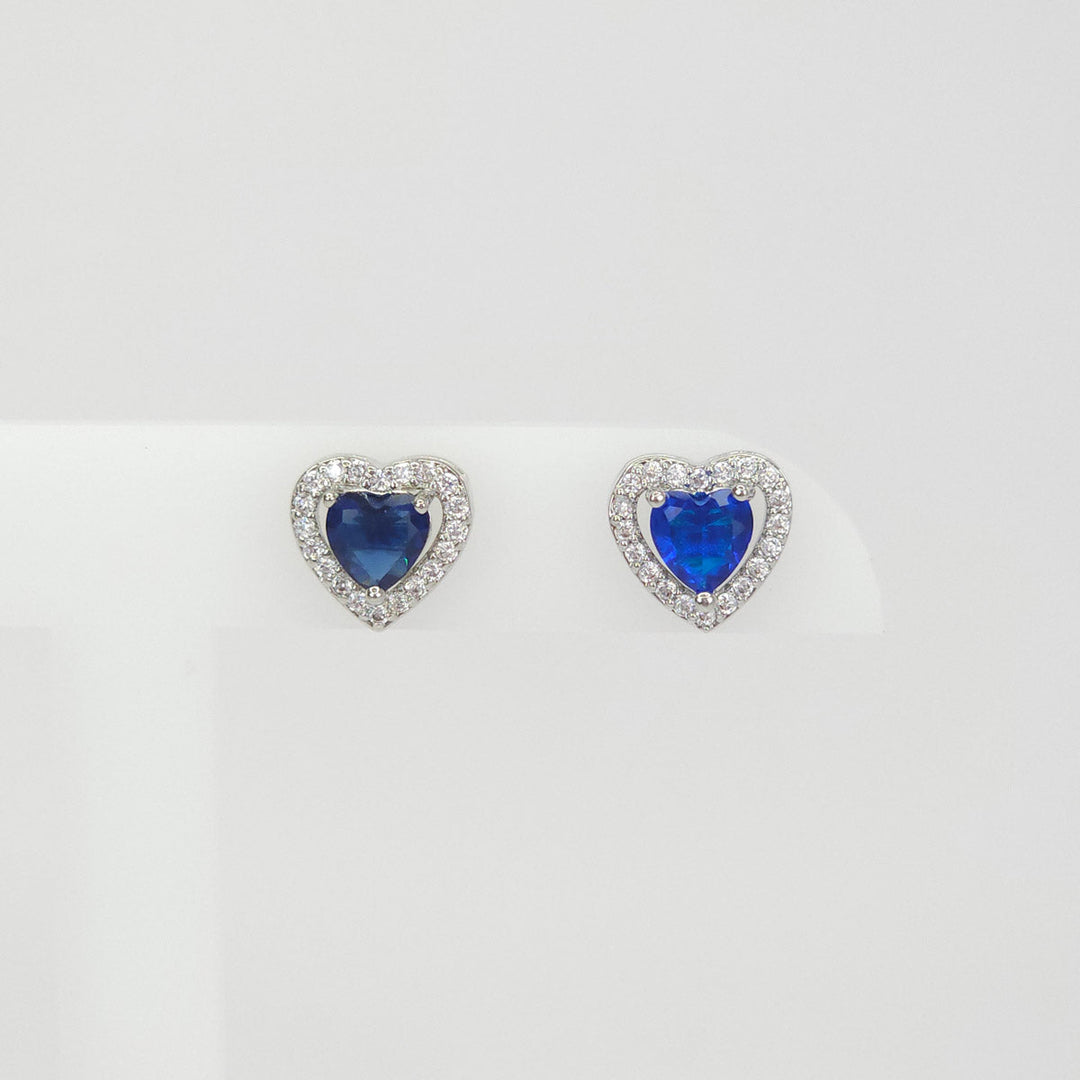 Aretes Plateados Corazón Brillantes Azul