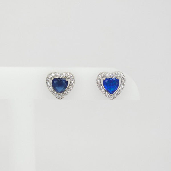 Aretes Plateados Corazón Brillantes Azul